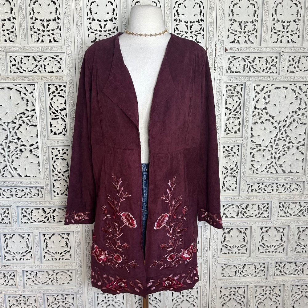 NWT Curations Red Burgundy Floral Embroidered Kimono Style‎ Open Cardigan Sz XS